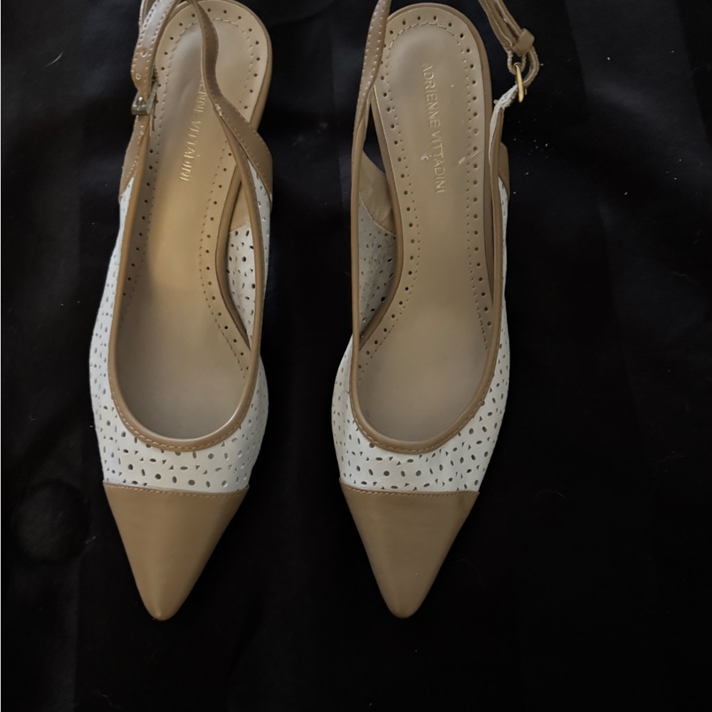 Adrienne Vittadini Tan and White Slingback Heels